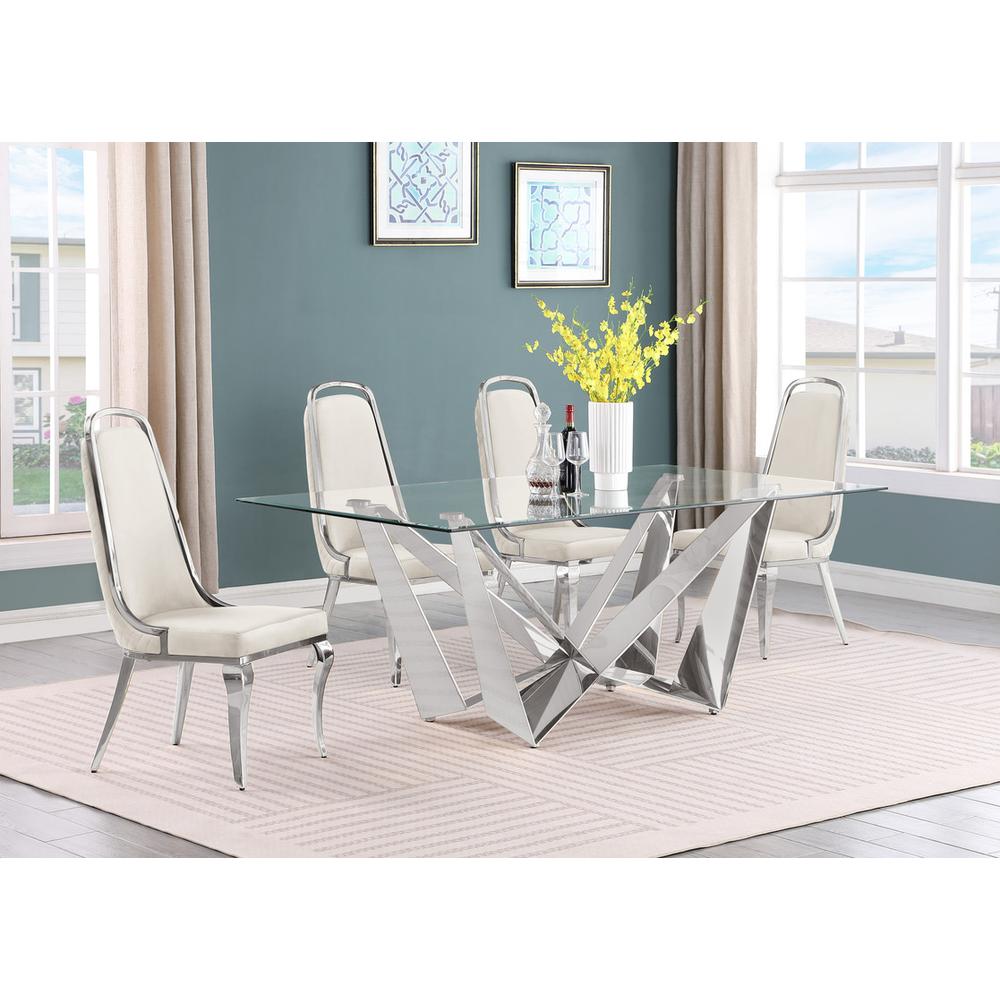 5pc Small(78″) glass dining set with silver base and 6 Cream side chairs