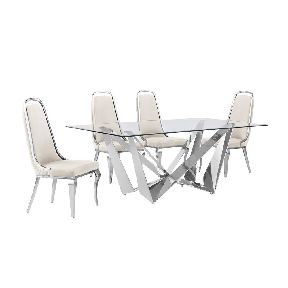 5pc Small(78″) glass dining set with silver base and 6 Cream side chairs