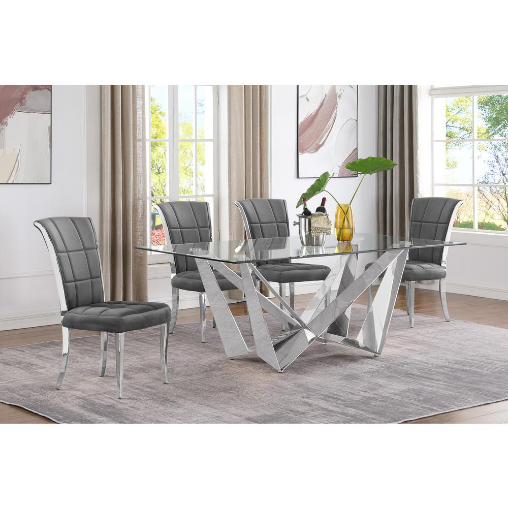 5pc Small(78″) glass dining set with silver base and 4 Dark grey side chairs