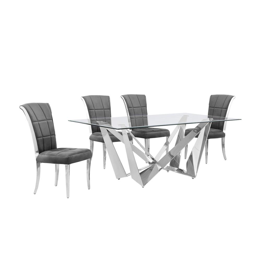 5pc Small(78″) glass dining set with silver base and 4 Dark grey side chairs