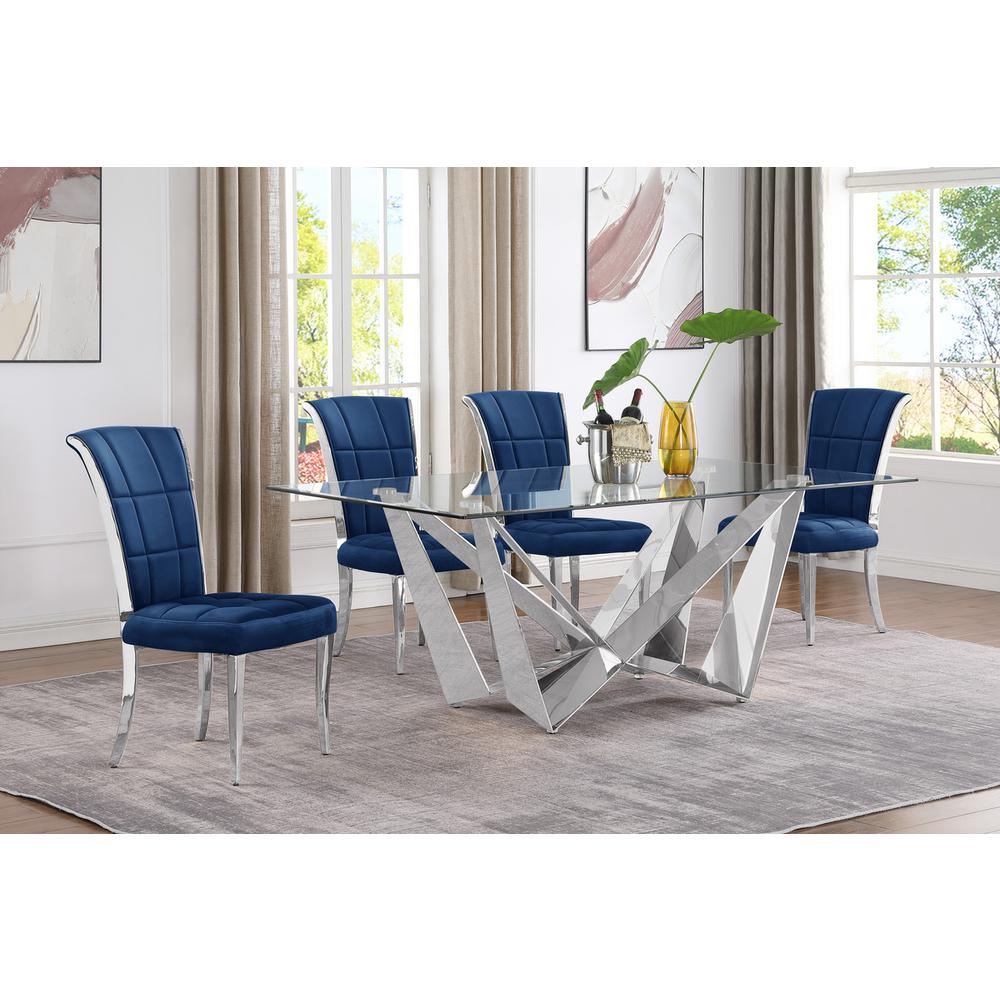5pc Small(78″) glass dining set with silver base and 4 Navy blue side chairs