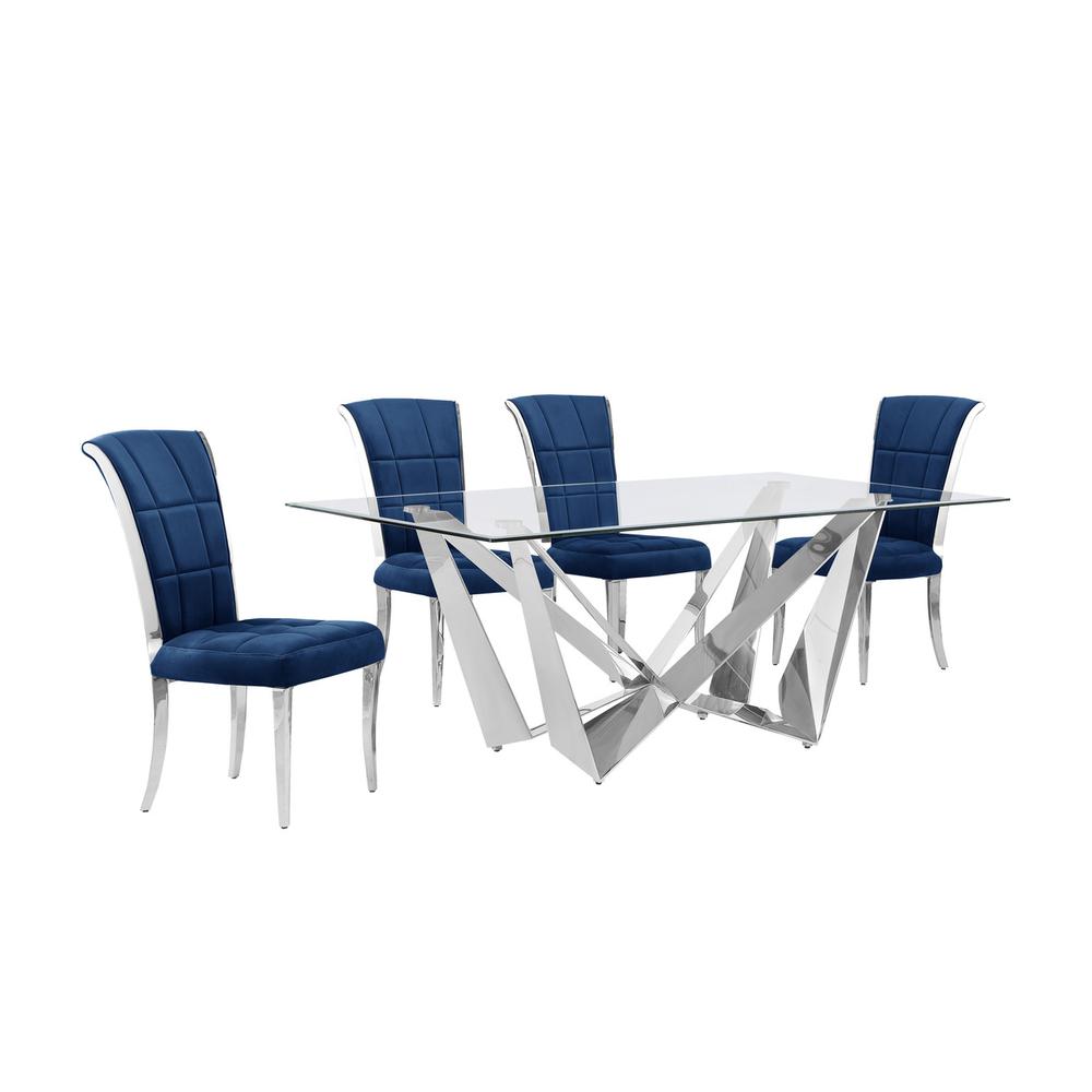 5pc Small(78″) glass dining set with silver base and 4 Navy blue side chairs