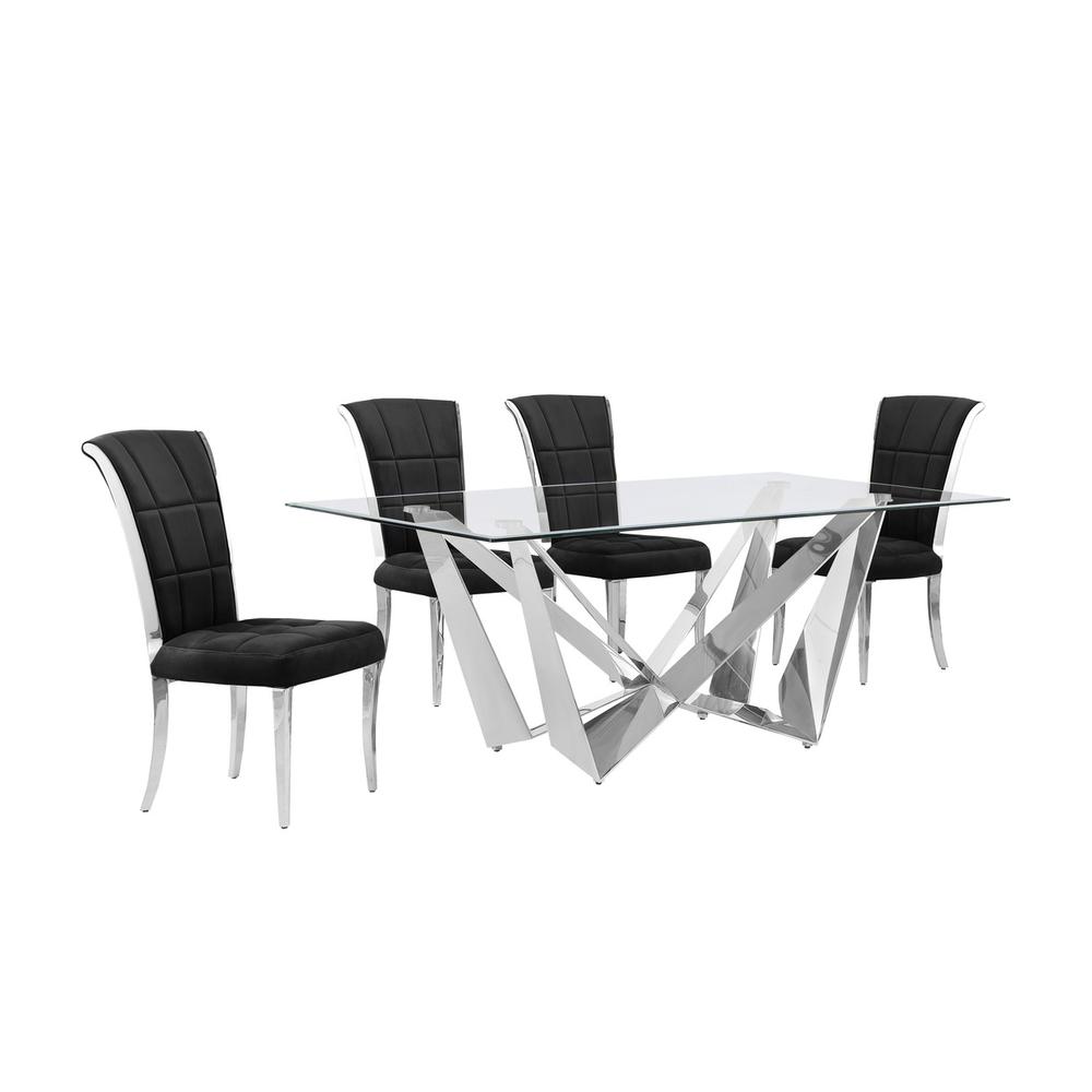 5pc Small(78″) glass dining set with silver base and 4 Black side chairs