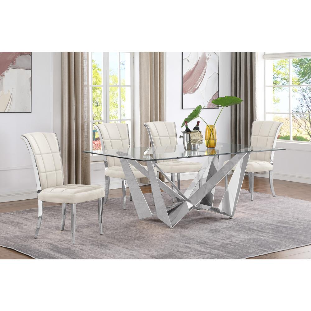 5pc Small(78″) glass dining set with silver base and 4 Cream side chairs