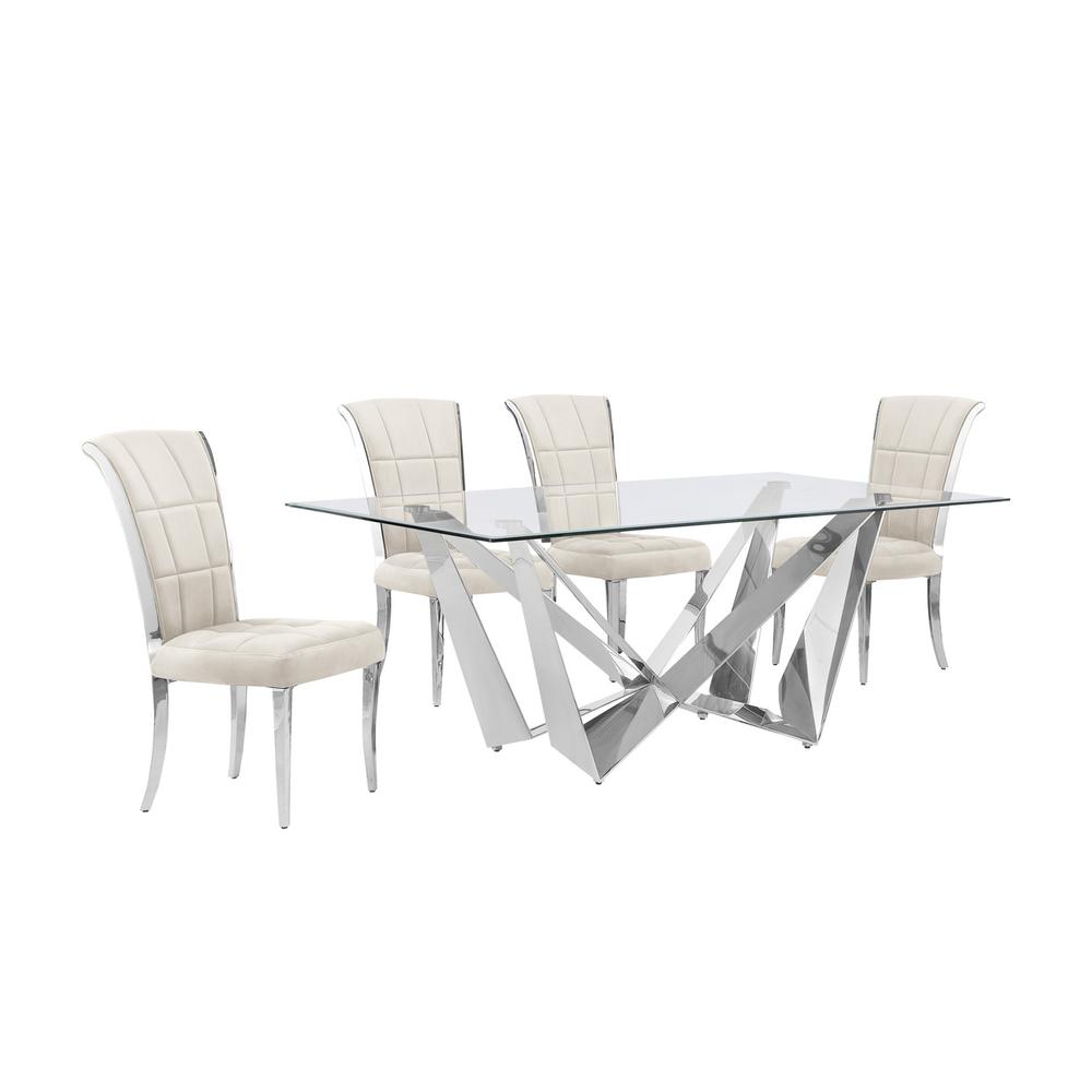 5pc Small(78″) glass dining set with silver base and 4 Cream side chairs