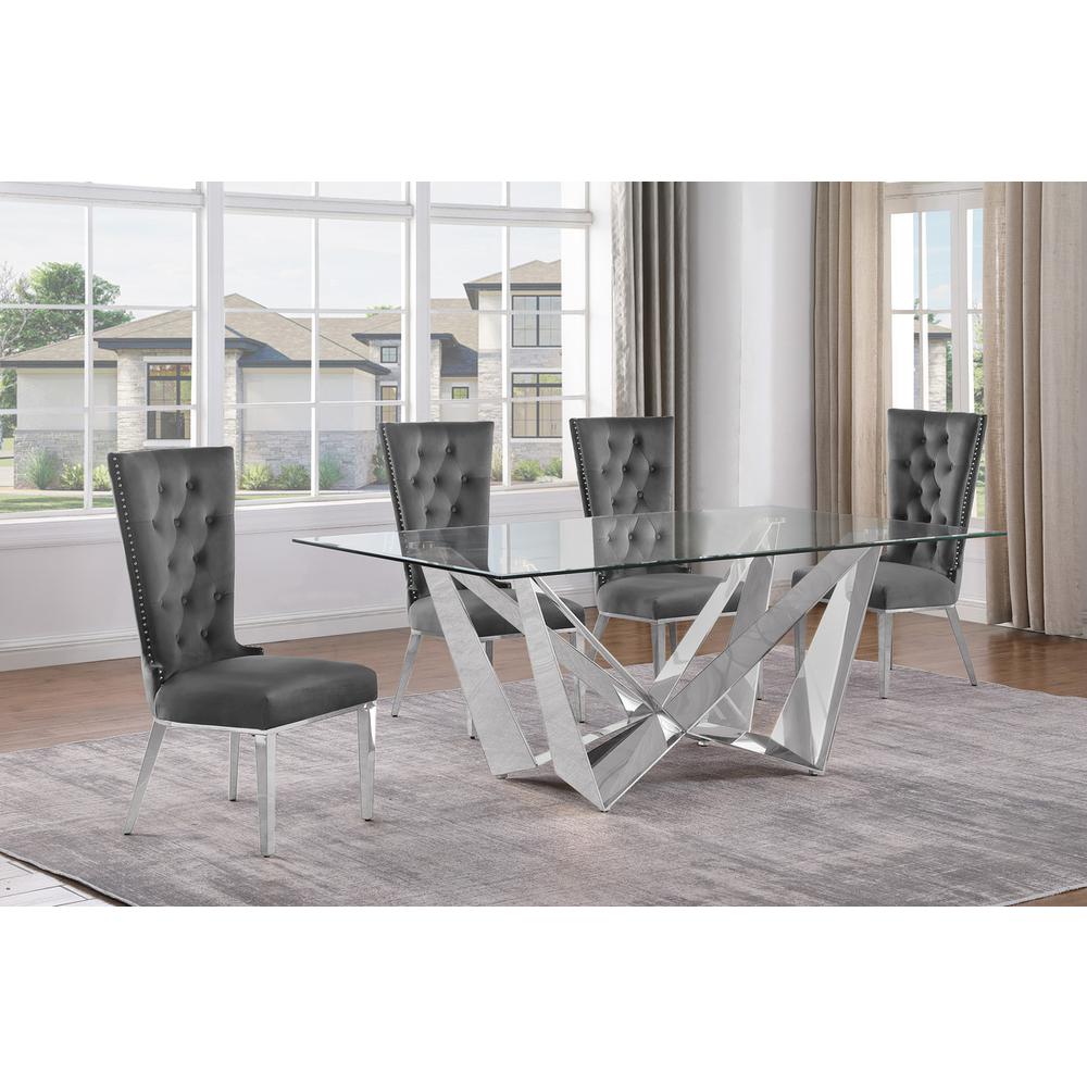 5pc Small(78″) glass dining set with silver base and 4 Dark grey side chairs