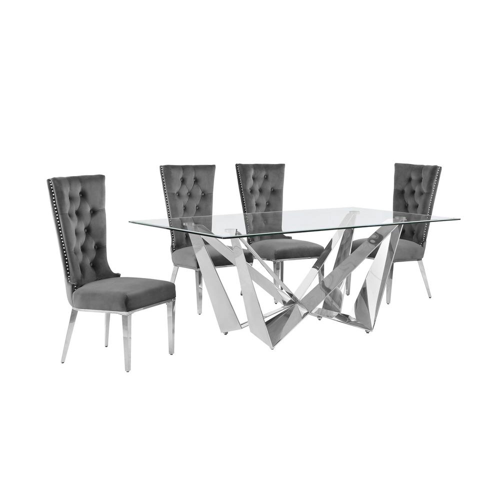 5pc Small(78″) glass dining set with silver base and 4 Dark grey side chairs