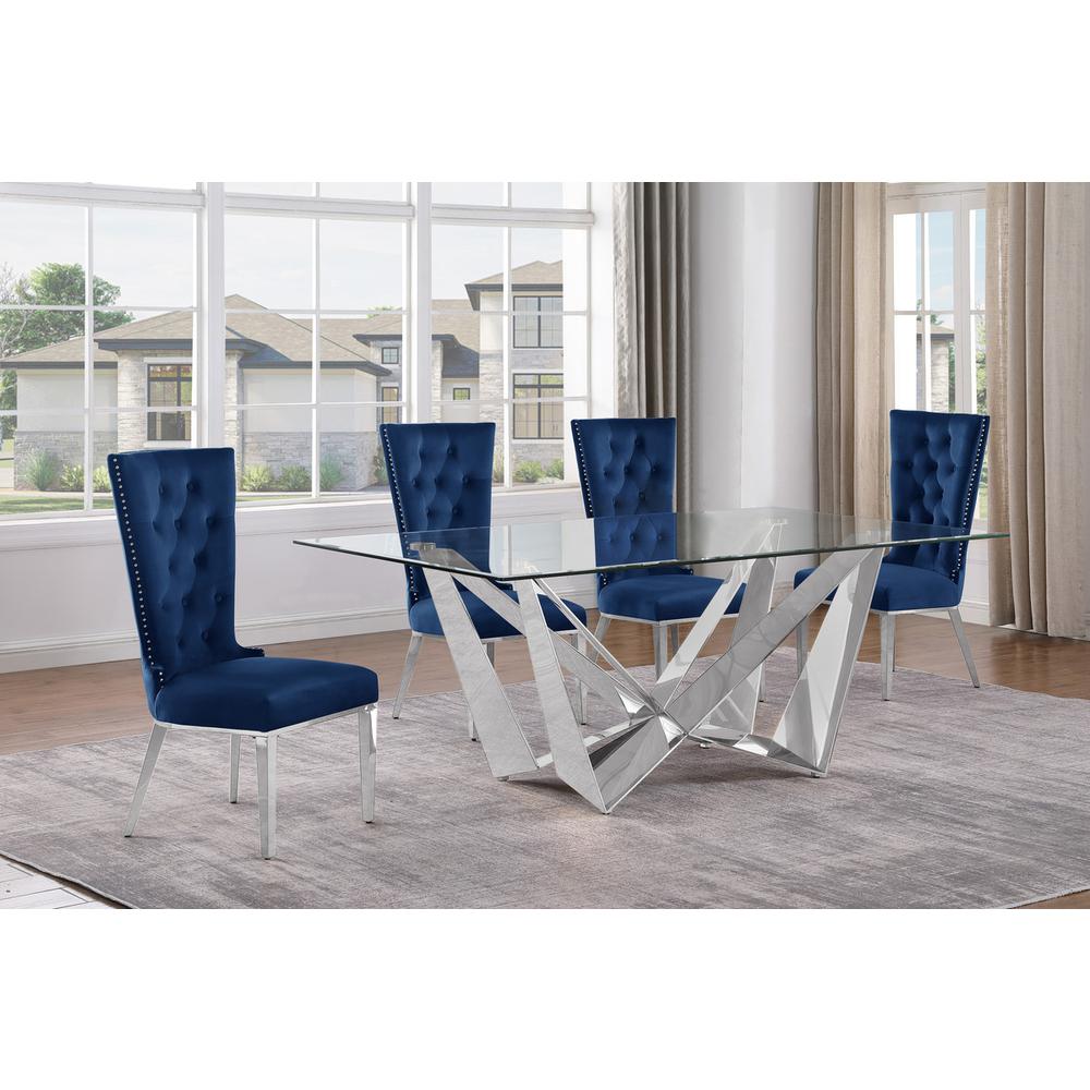 5pc Small(78″) glass dining set with silver base and 4 Navy blue side chairs