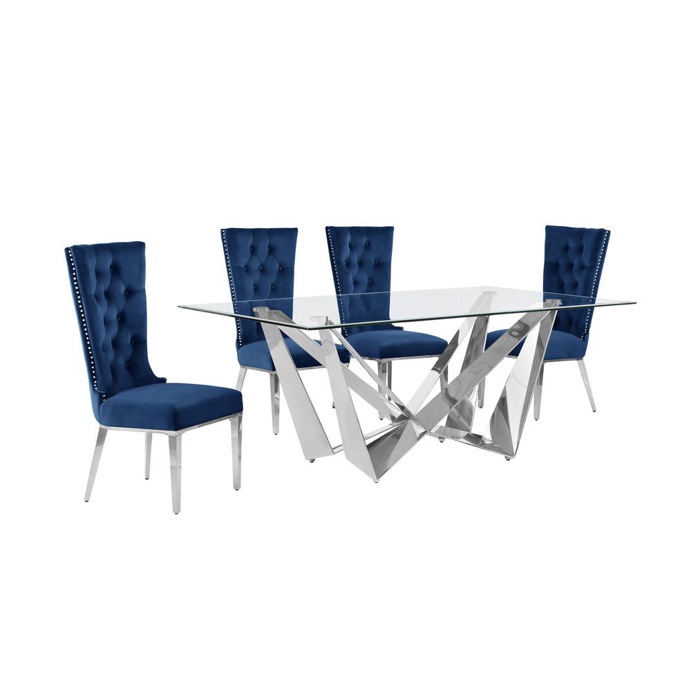 5pc Small(78″) glass dining set with silver base and 4 Navy blue side chairs