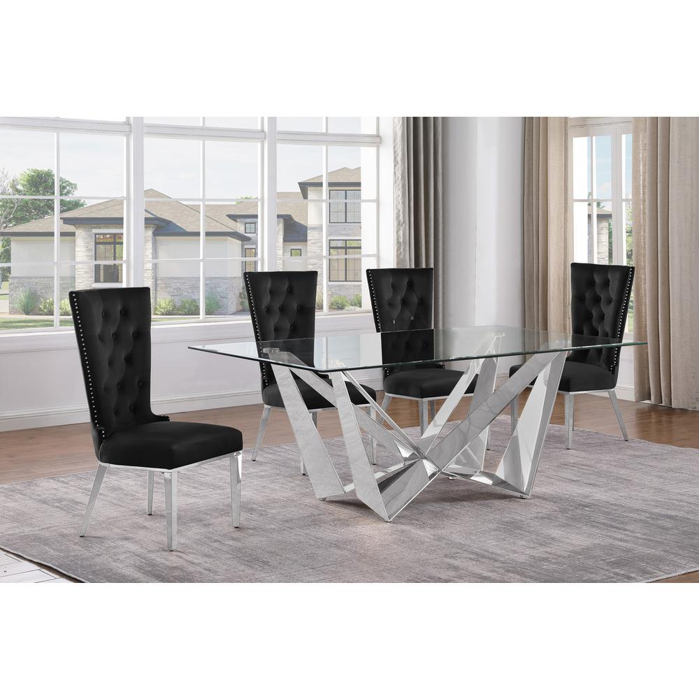 5pc Small(78″) glass dining set with silver base and 4 Black side chairs