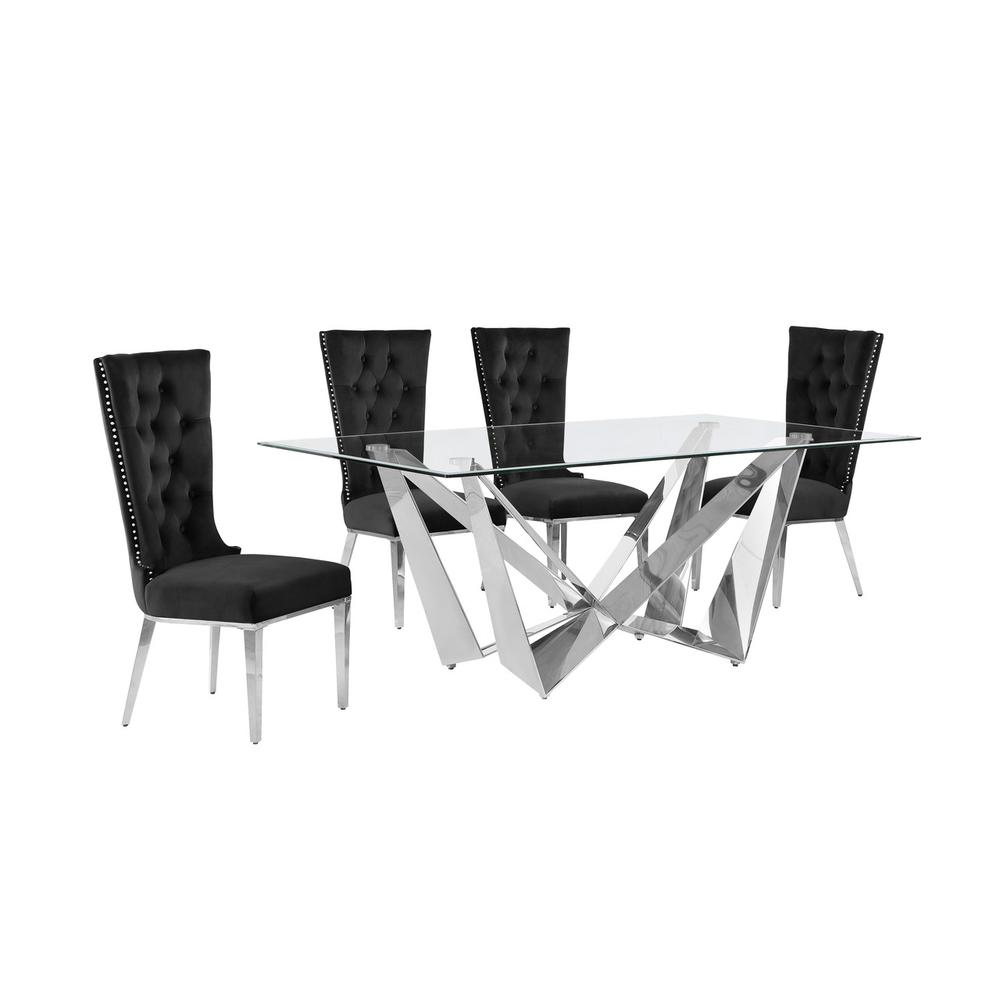 5pc Small(78″) glass dining set with silver base and 4 Black side chairs