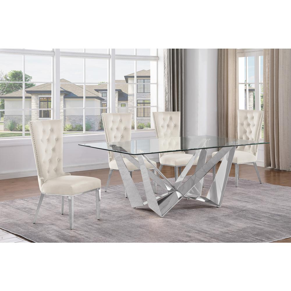5pc Small(78″) glass dining set with silver base and 4 Cream side chairs