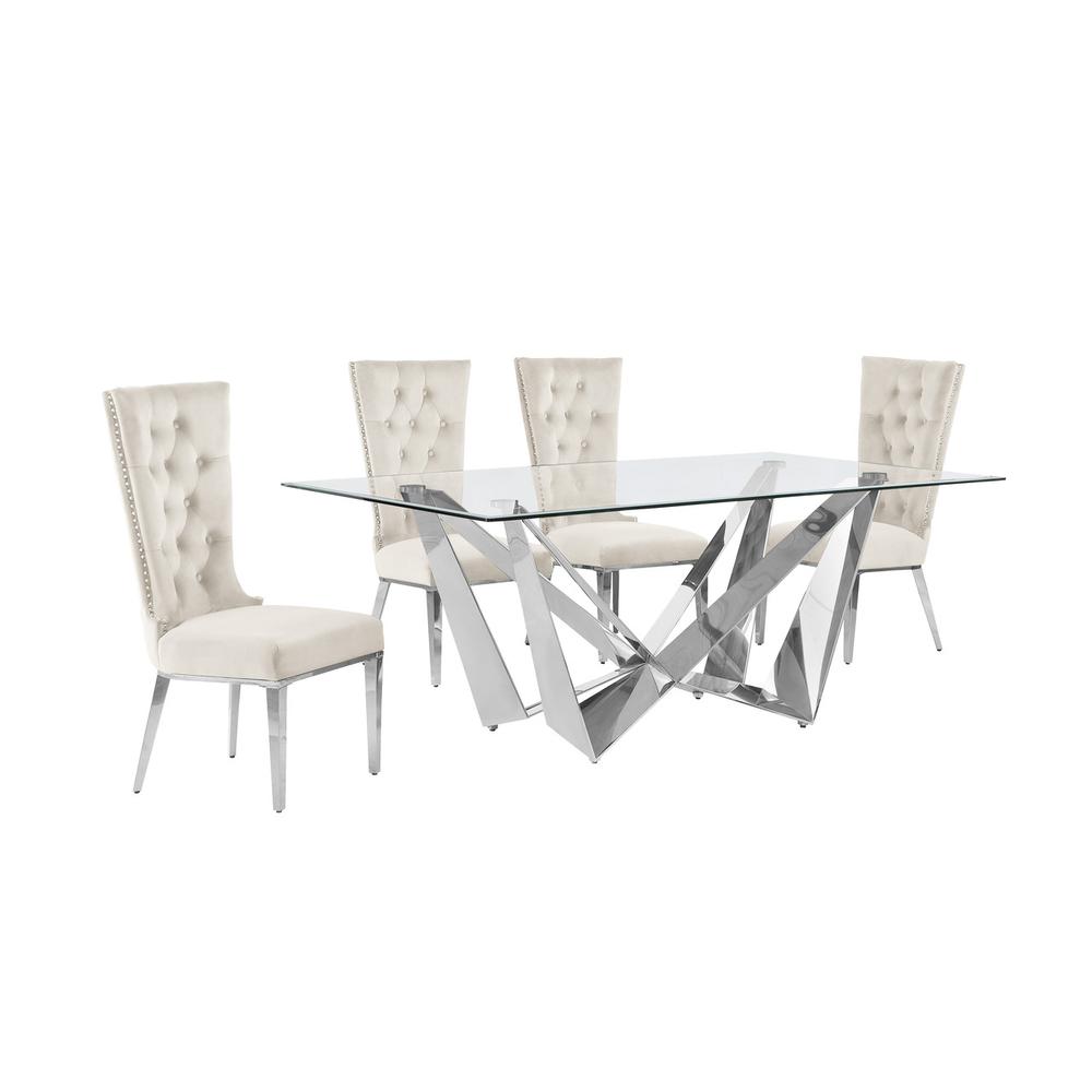 5pc Small(78″) glass dining set with silver base and 4 Cream side chairs