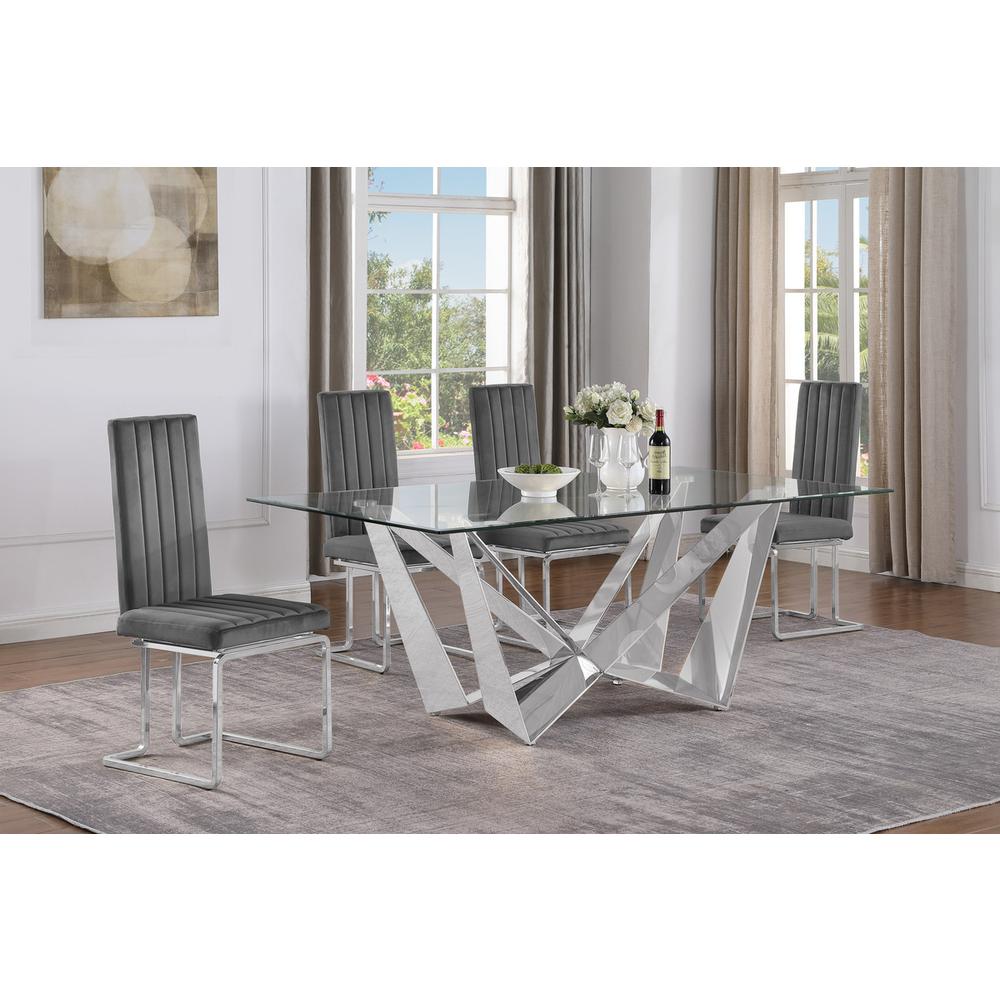 5pc Small(78″) glass dining set with silver base and 4 Dark grey side chairs