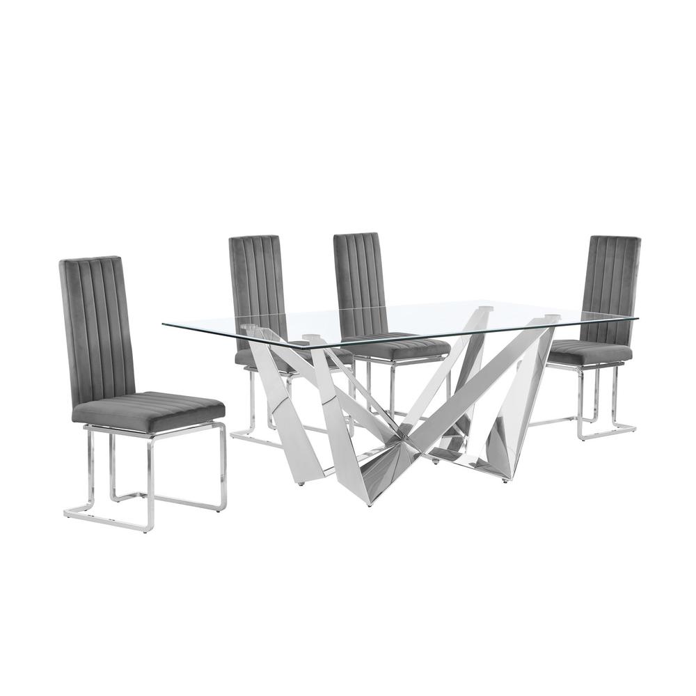 5pc Small(78″) glass dining set with silver base and 4 Dark grey side chairs
