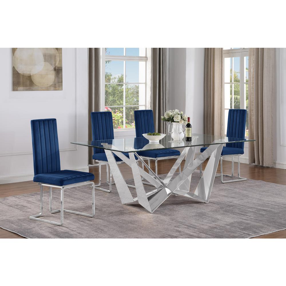 5pc Small(78″) glass dining set with silver base and 4 Navy blue side chairs