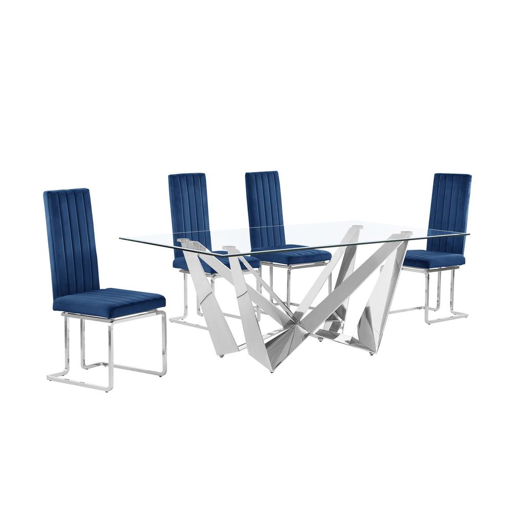 5pc Small(78″) glass dining set with silver base and 4 Navy blue side chairs
