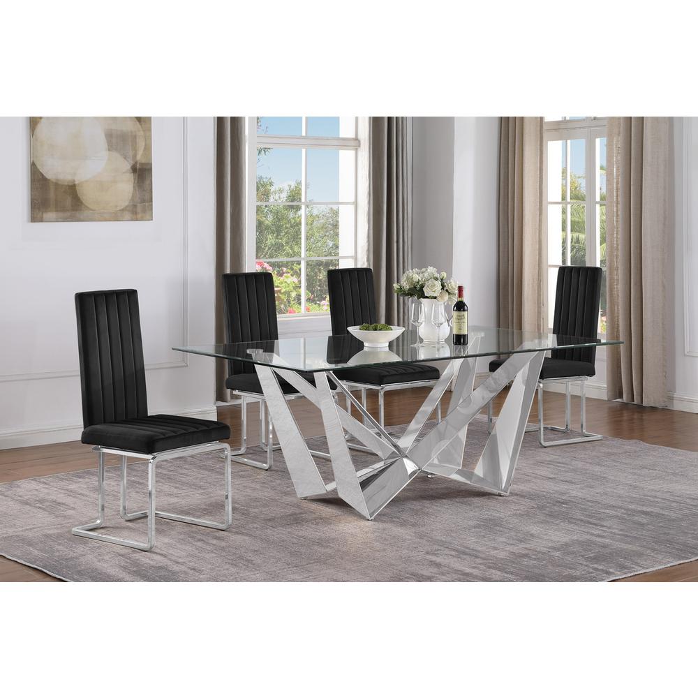 5pc Small(78″) glass dining set with silver base and 4 Black side chairs