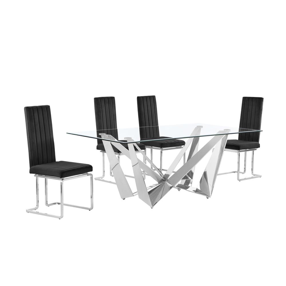 5pc Small(78″) glass dining set with silver base and 4 Black side chairs