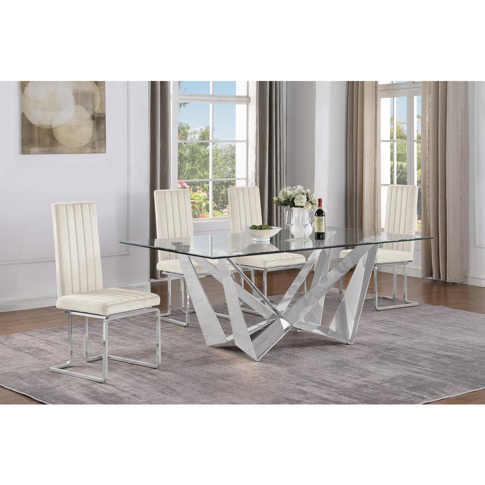 5pc Small(78″) glass dining set with silver base and 4 Cream side chairs