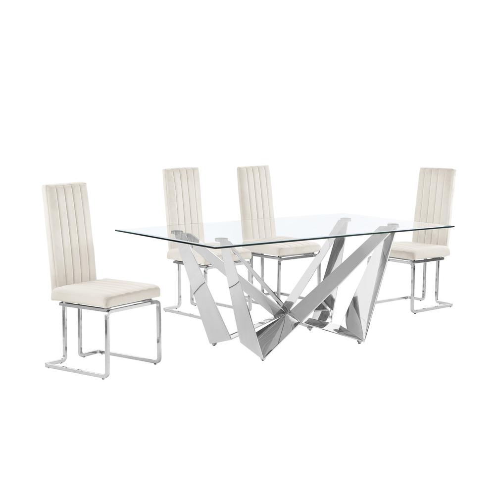 5pc Small(78″) glass dining set with silver base and 4 Cream side chairs