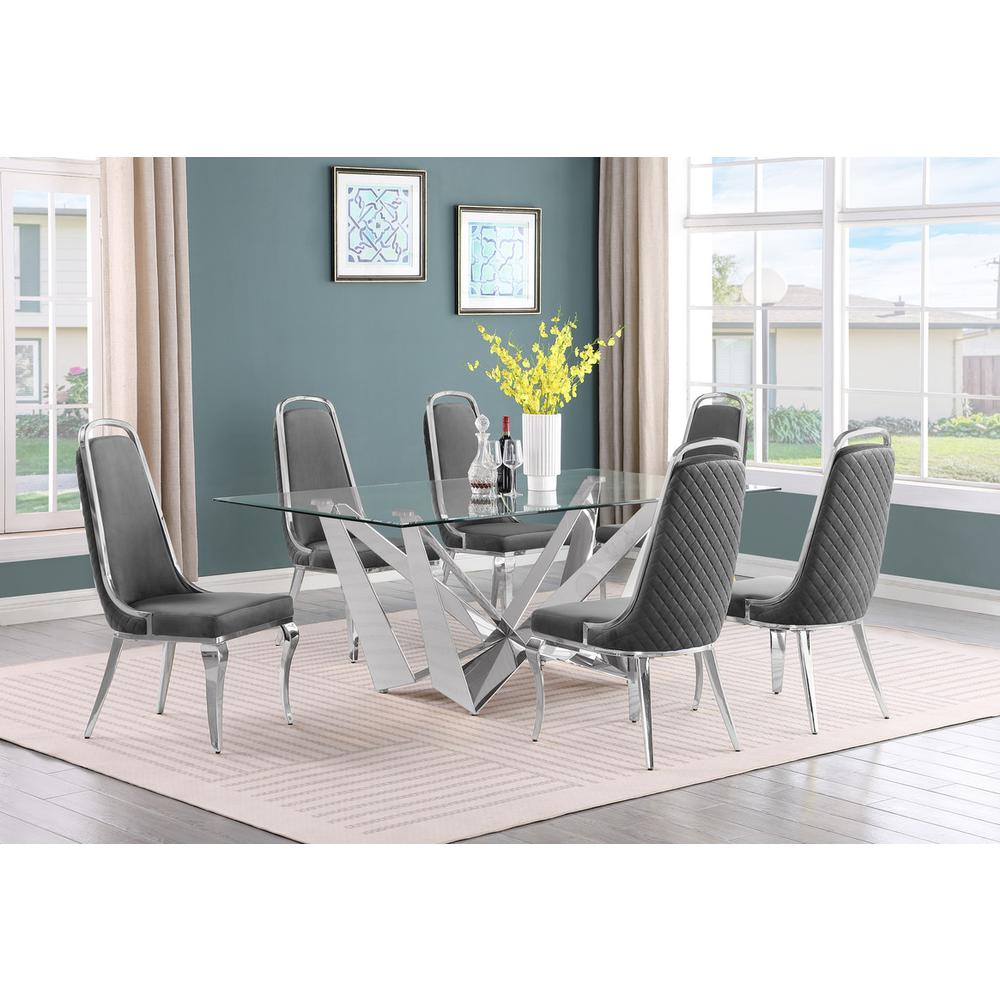 7pc Small(78″) glass dining set with silver base and 6 Dark grey side chairs