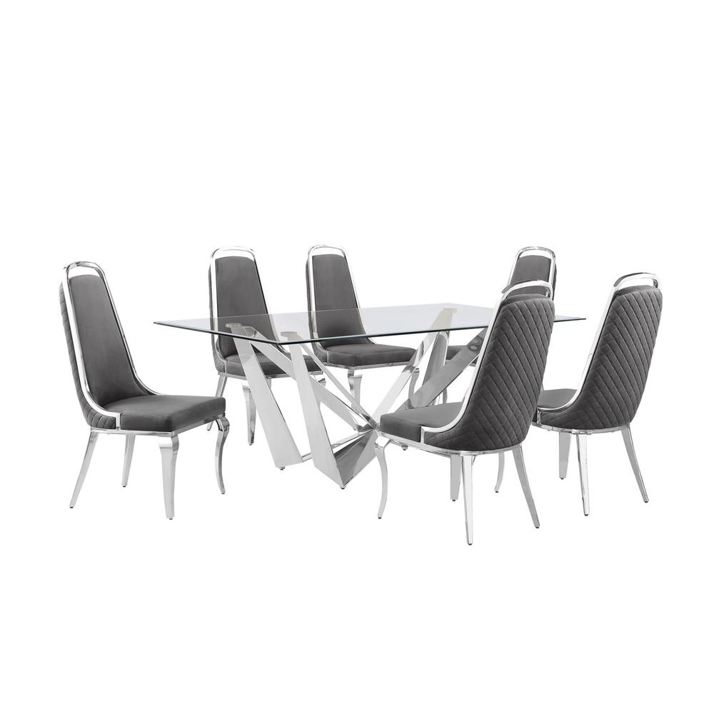 7pc Small(78″) glass dining set with silver base and 6 Dark grey side chairs