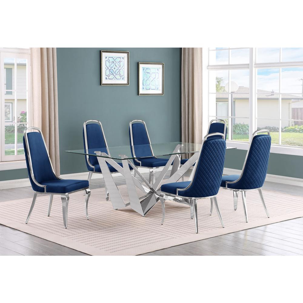 7pc Small(78″) glass dining set with silver base and 6 Navy blue side chairs
