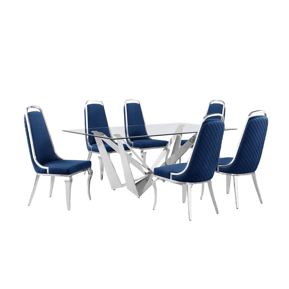 7pc Small(78″) glass dining set with silver base and 6 Navy blue side chairs