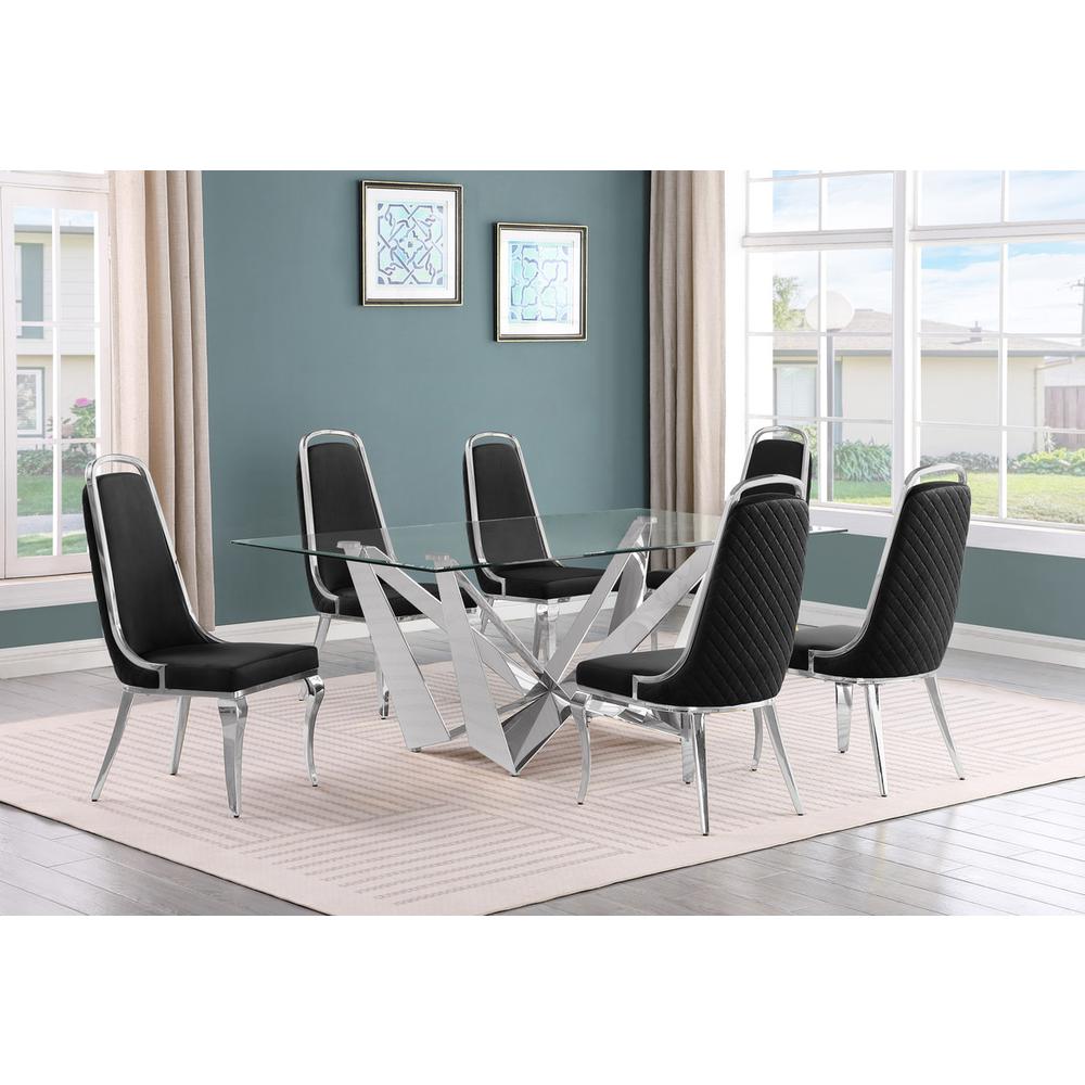 7pc Small(78″) glass dining set with silver base and 6 Black side chairs