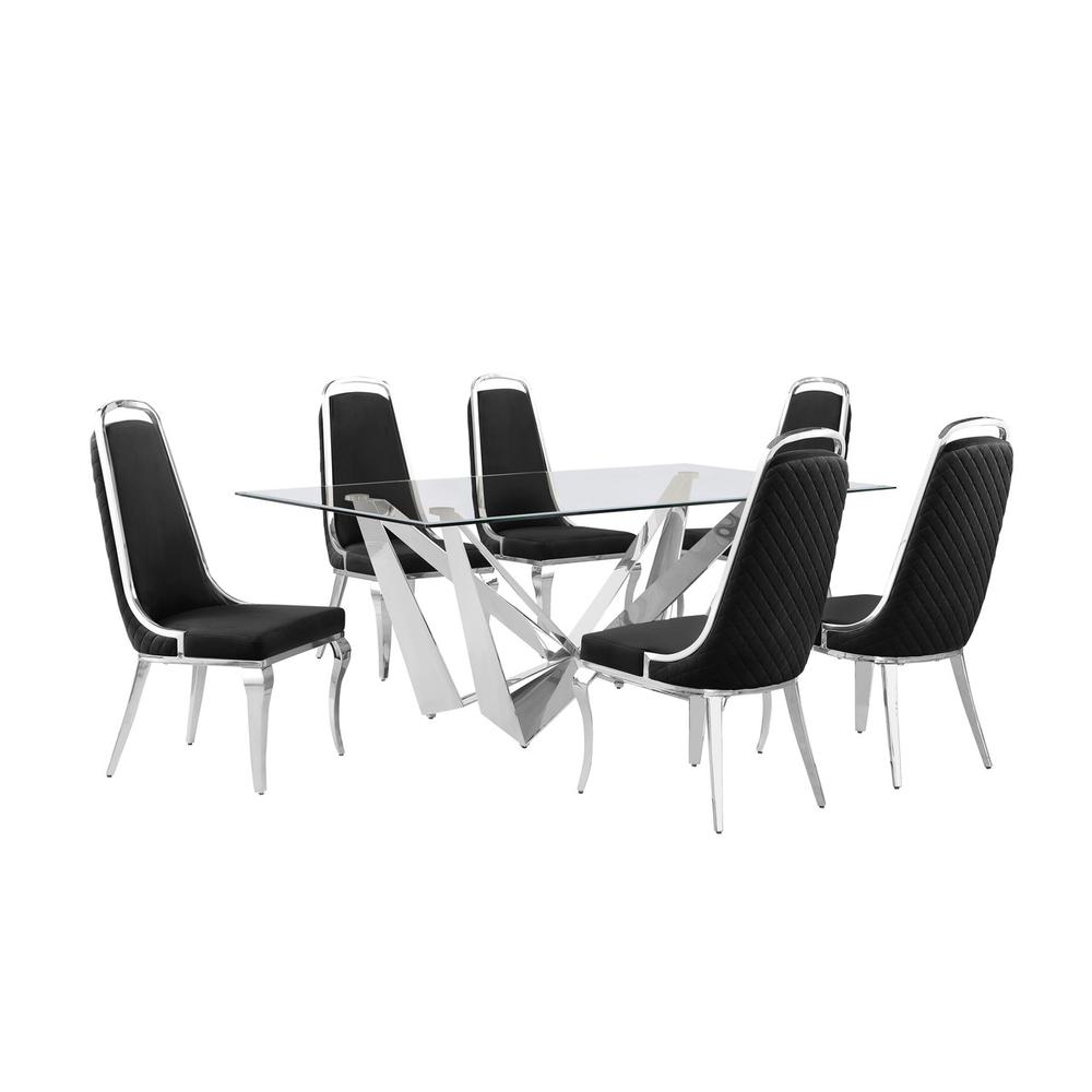 7pc Small(78″) glass dining set with silver base and 6 Black side chairs