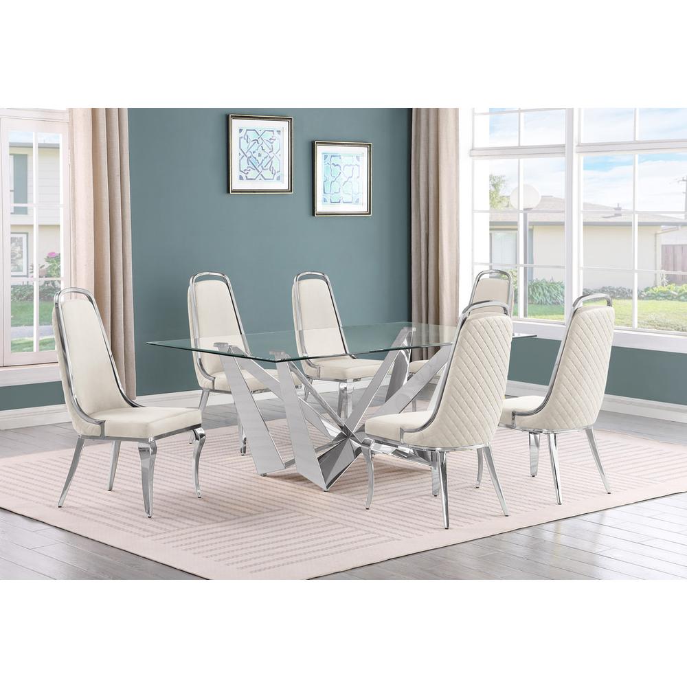 7pc Small(78″) glass dining set with silver base and 6 Cream side chairs