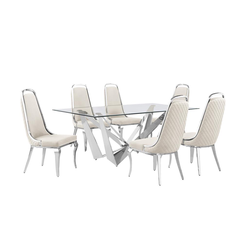 7pc Small(78″) glass dining set with silver base and 6 Cream side chairs