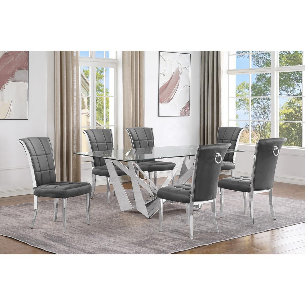 7pc Small(78″) glass dining set with silver base and 6 Dark grey side chairs