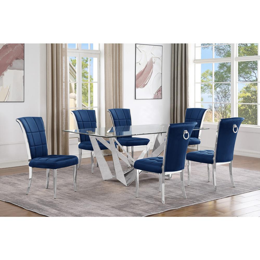 7pc Small(78″) glass dining set with silver base and 6 Navy blue side chairs