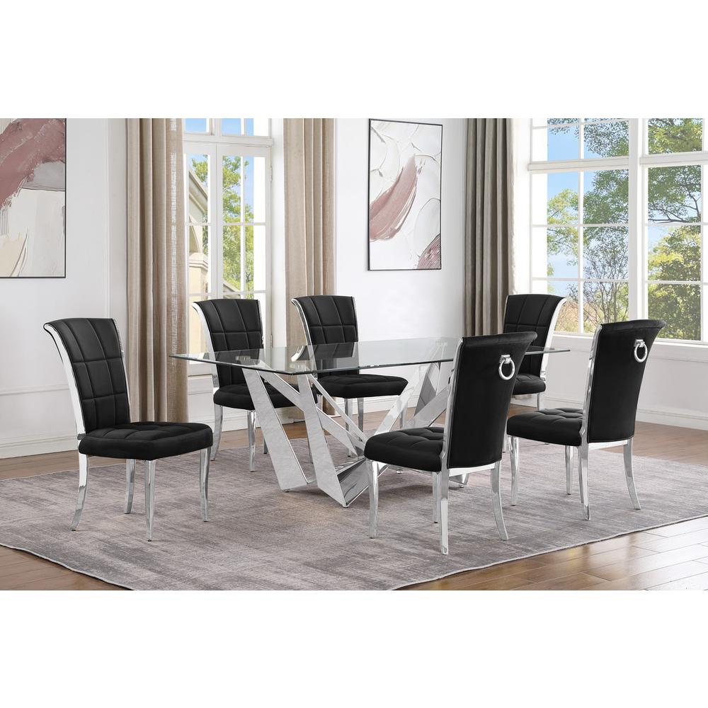 7pc Small(78″) glass dining set with silver base and 6 Black side chairs