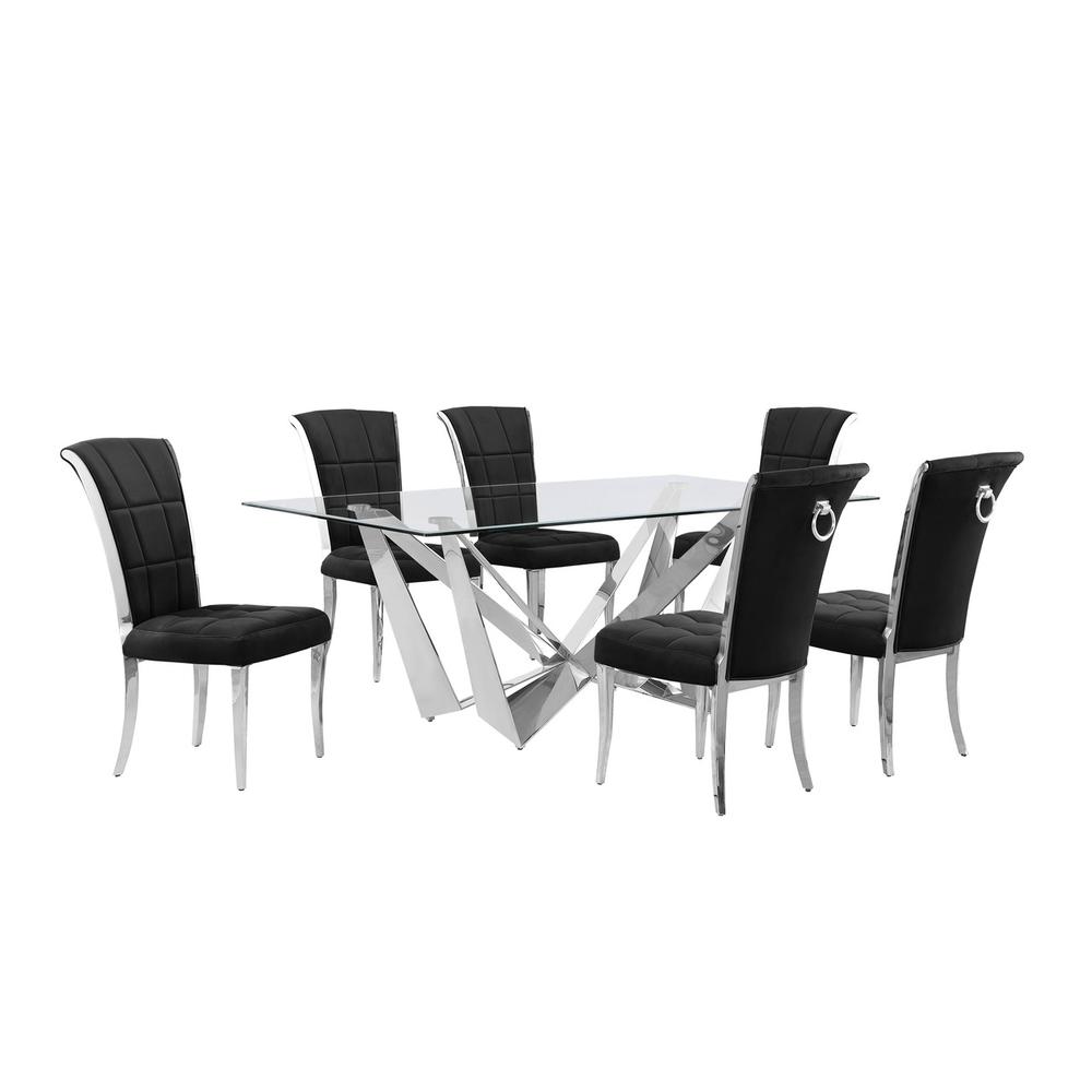 7pc Small(78″) glass dining set with silver base and 6 Black side chairs