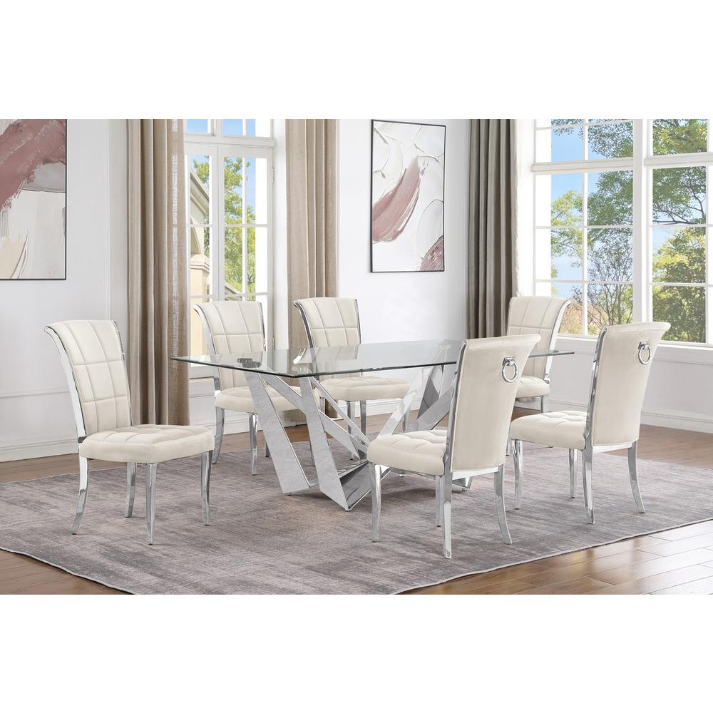 7pc Small(78″) glass dining set with silver base and 6 Cream side chairs