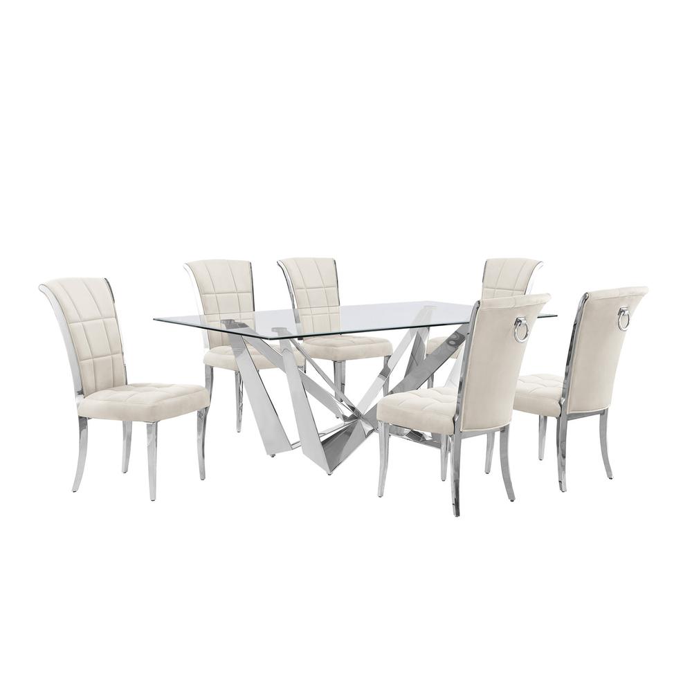 7pc Small(78″) glass dining set with silver base and 6 Cream side chairs