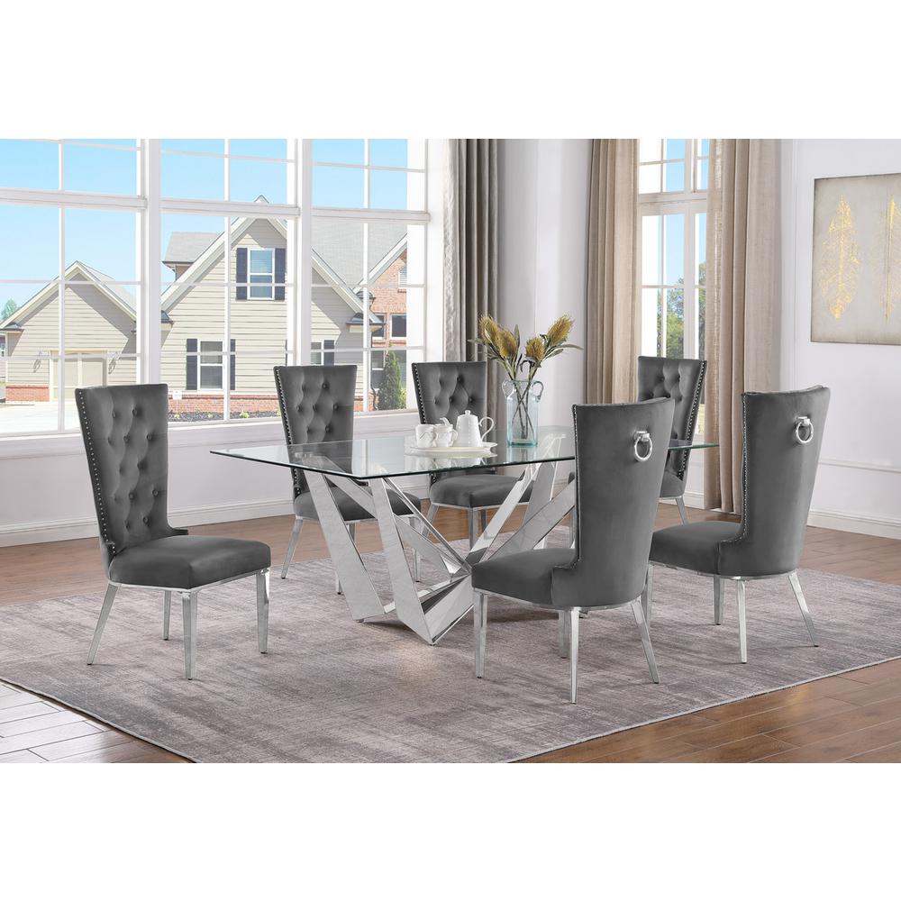 7pc Small(78″) glass dining set with silver base and 6 Dark grey side chairs