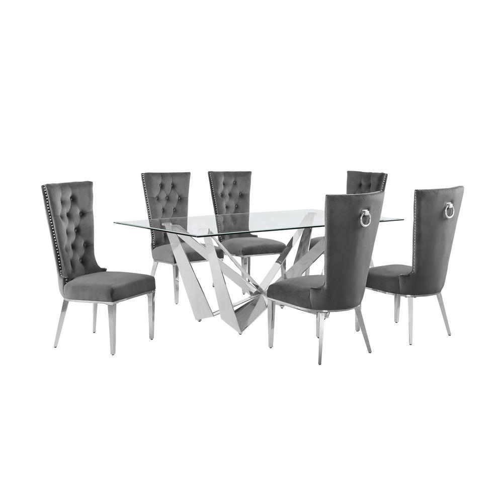 7pc Small(78″) glass dining set with silver base and 6 Dark grey side chairs