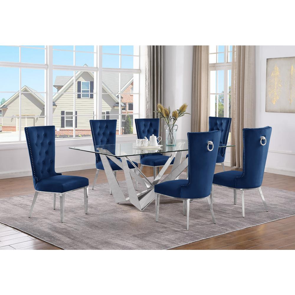 7pc Small(78″) glass dining set with silver base and 6 Navy blue side chairs