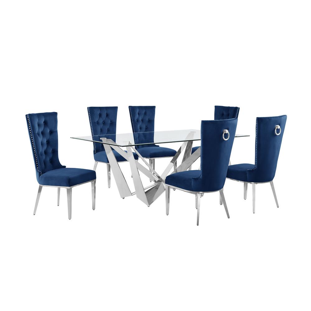 7pc Small(78″) glass dining set with silver base and 6 Navy blue side chairs