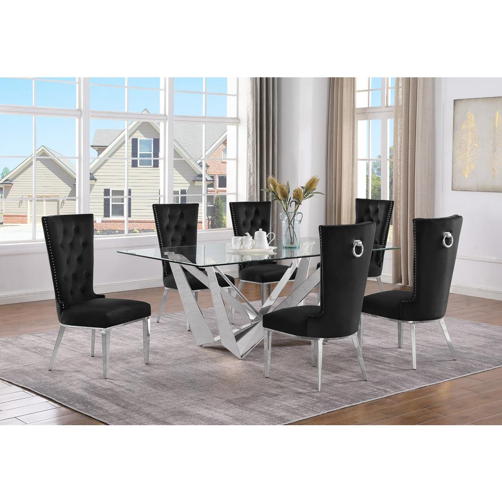 7pc Small(78″) glass dining set with silver base and 6 Black side chairs