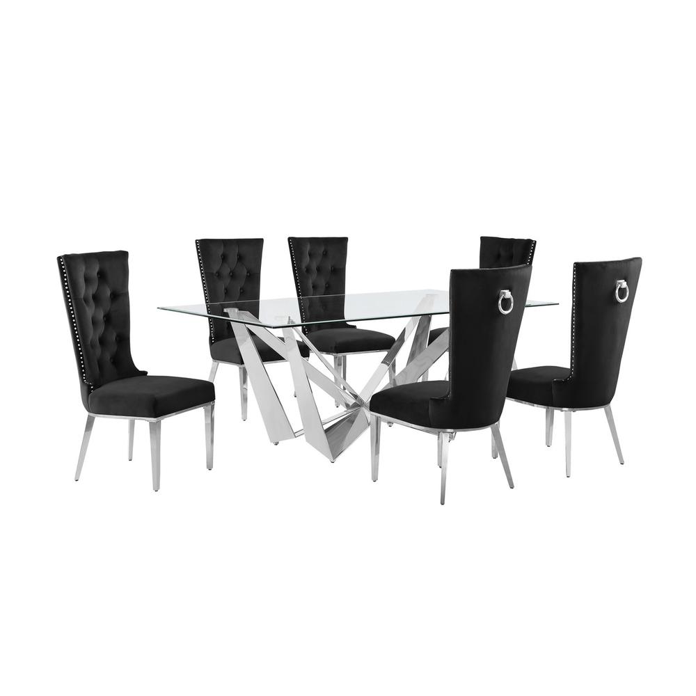 7pc Small(78″) glass dining set with silver base and 6 Black side chairs