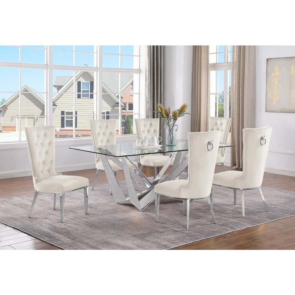 7pc Small(78″) glass dining set with silver base and 6 Cream side chairs