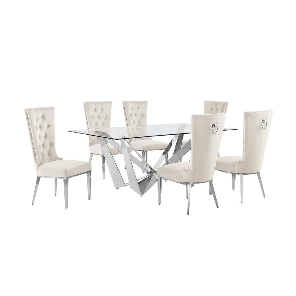 7pc Small(78″) glass dining set with silver base and 6 Cream side chairs