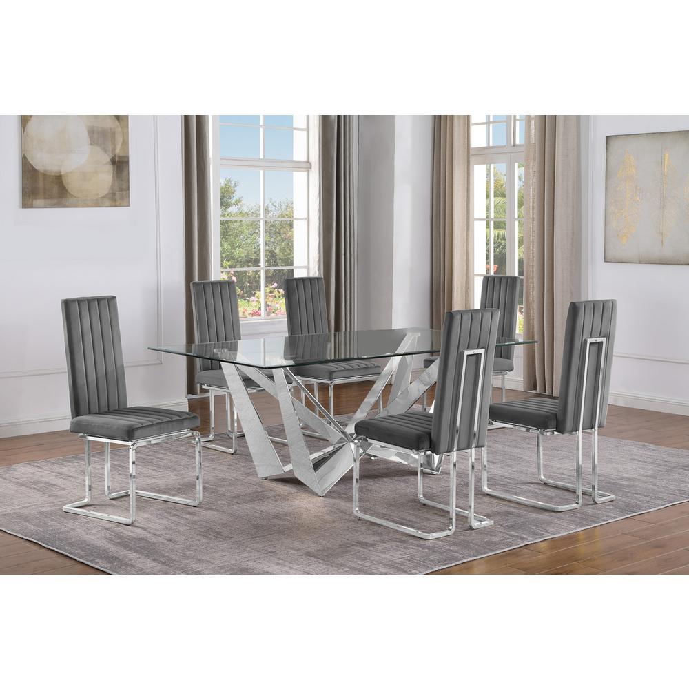 7pc Small(78″) glass dining set with silver base and 6 Dark grey side chairs
