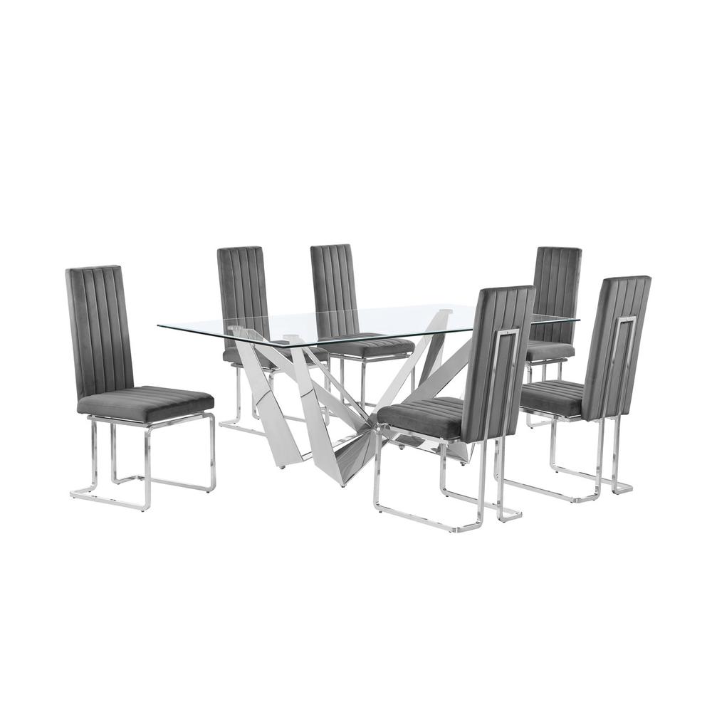 7pc Small(78″) glass dining set with silver base and 6 Dark grey side chairs