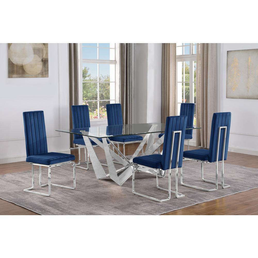 7pc Small(78″) glass dining set with silver base and 6 Navy blue side chairs